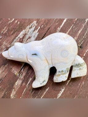 Hand Carved Fossil Coral Bear Figurine | Natural Stone | Orbicular Pattern